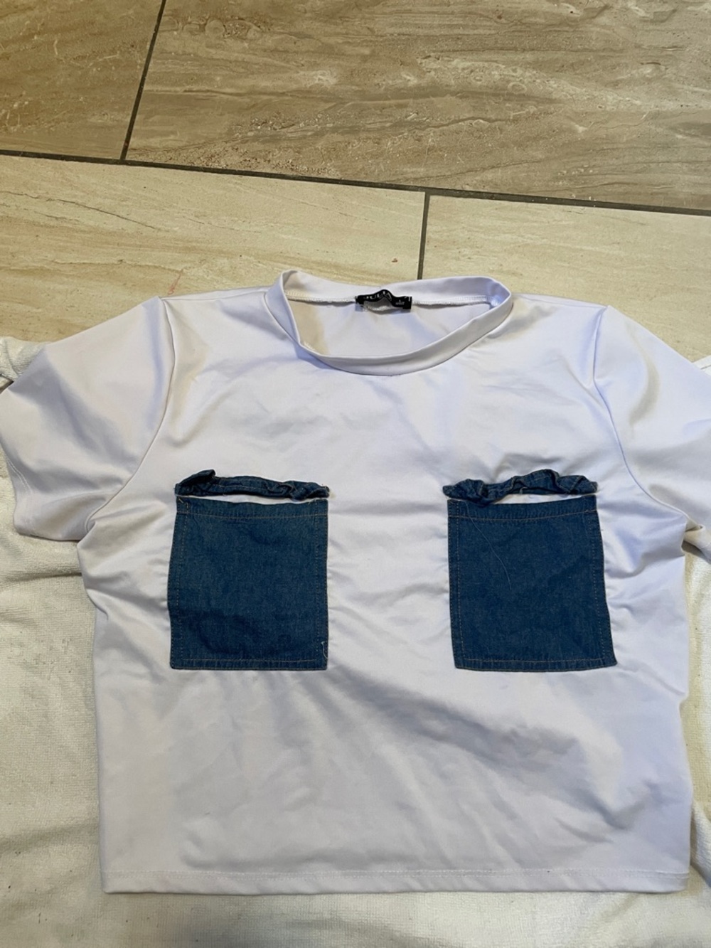 Women’s White Short Sleeve Tee with Denim Pockets